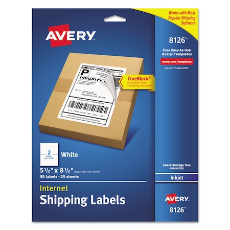 Avery Shipping Labels w/TrueBlock Tech, Inkjet Printer, 5.5x8.5, White, PK50 08126